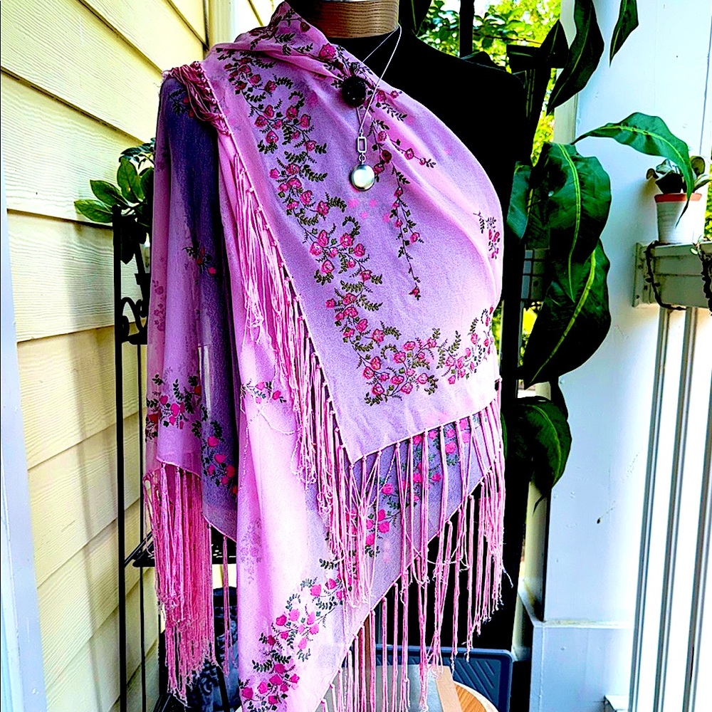 Floral Pink Shawl with Fringe